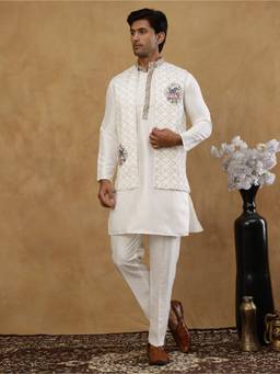 Jompers - White Silk Blend Embroidered Kurta and Pyjama with Waistcoat
