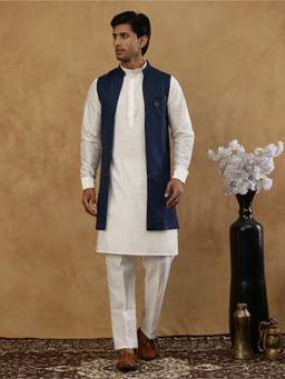 Jompers - Blue Silk Blend Woven Kurta and Pyjama with Waistcoat