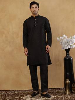 Jompers - Black Silk Blend Embroidered Kurta with Korean Pant