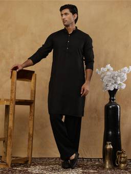 Jompers - Black Silk Blend Embroidered Kurta with Korean Pant