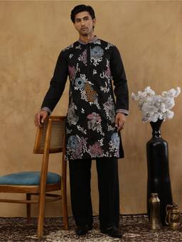 Jompers - Black Silk Blend Floral Work Kurta with Korean Pant