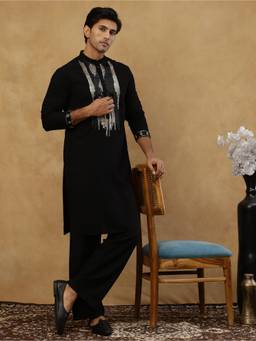 Jompers - Black Cotton Blend Embroidered Kurta with Korean Pant