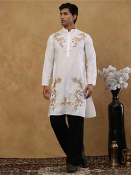 Jompers - White Cotton Blend Floral Work Kurta with Korean Pant