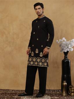 Jompers - Black Silk Blend Floral Work Kurta with Korean Pant