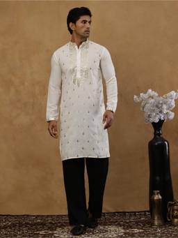 Jompers - White Cotton Blend Embroidered Kurta with Korean Pant