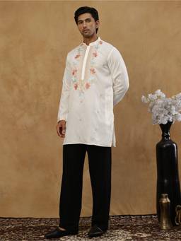 Jompers - White Cotton Blend Floral Work Kurta with Korean Pant