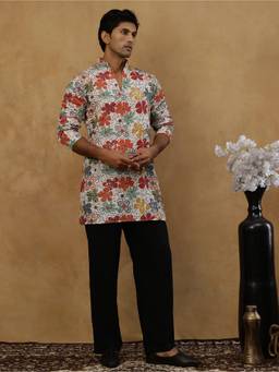 Jompers - White Silk Blend Floral Work Kurta with Korean Pant