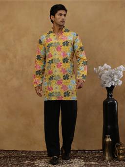 Jompers - Yellow Silk Blend Floral Work Kurta with Korean Pant