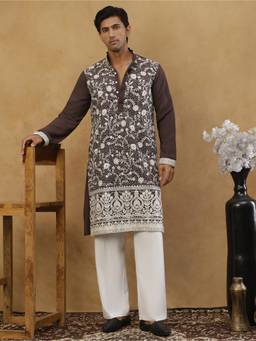 Jompers - Brown Silk Blend Embroidered Kurta with Korean Pant