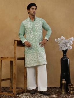 Jompers - Green Silk Blend Embroidered Kurta with Korean Pant