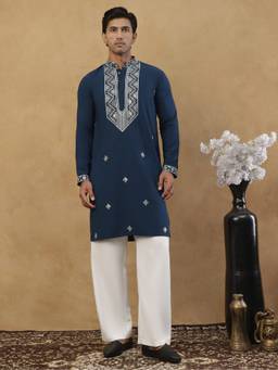 Jompers - Blue Silk Blend Embroidered Kurta with Korean Pant