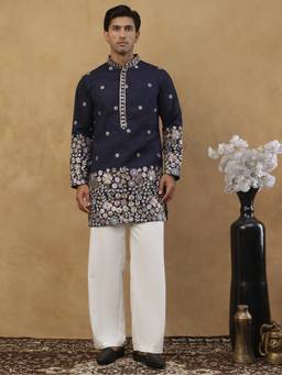 Jompers - Navy Blue Silk Blend Floral Work Kurta with Korean Pant
