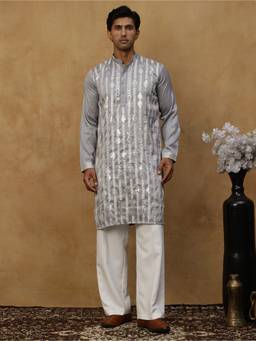Jompers - Grey Silk Blend Embroidered Kurta with Korean Pant