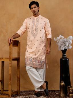 Jompers - Peach Silk Blend Floral Work Kurta with Korean Pant