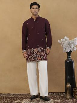 Jompers - Wine Cotton Blend Embroidered Kurta with Korean Pant