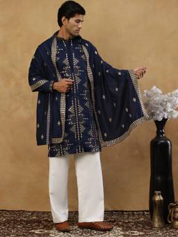 Jompers - Navy Blue Cotton Blend Embroidered Kurta with Korean Pant and Dupatta