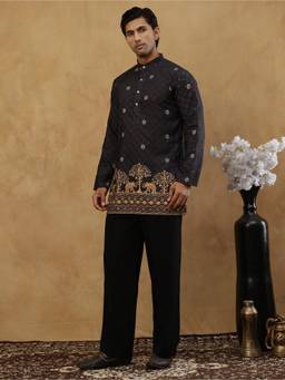 Jompers - Black Cotton Blend Floral Work Kurta with Korean Pant