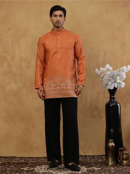 Jompers - Orange Cotton Blend Floral Work Kurta with Korean Pant