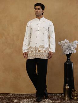 Jompers - White Cotton Blend Floral Work Kurta with Korean Pant