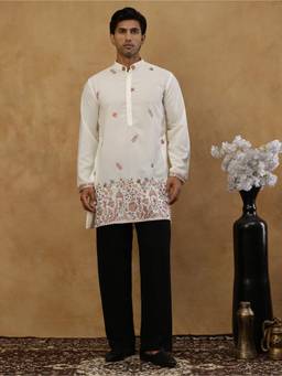 Jompers - White Cotton Blend Embroidered Kurta with Korean Pant