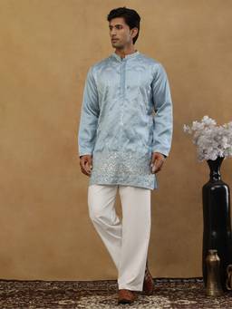 Jompers - Blue Silk Blend Embroidered Kurta with Korean Pant