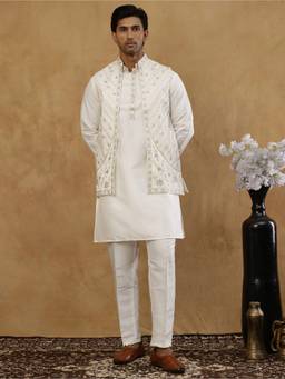 Jompers - White Silk Blend Embroidered Kurta and Pyjama with Waistcoat