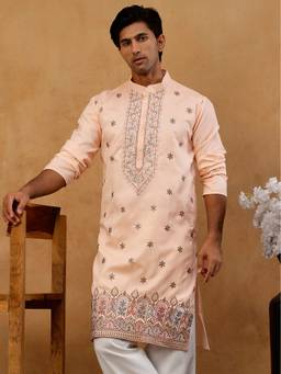 Jompers - Peach Silk Floral Thread Work Kurta