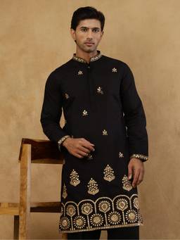 Jompers - Black Silk Floral Thread Work Kurta