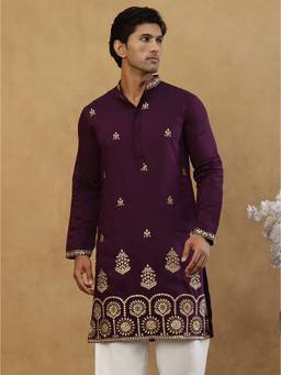 Jompers - Wine Silk Floral Thread Work Kurta