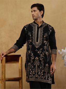 Jompers - Black Cotton Floral Thread Work Kurta