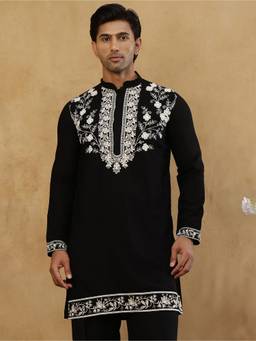 Jompers - Black Cotton Floral Thread Work Kurta
