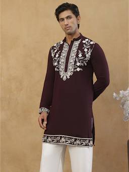 Jompers - Wine Cotton Floral Thread Work Kurta