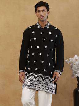 Jompers - Black Cotton Embroidered with Mirror Work Kurta