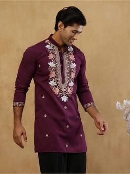Jompers - Purple Cotton Floral Thread Work Kurta