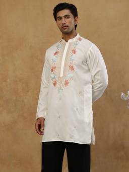 Jompers - White Cotton Floral Thread Work Kurta