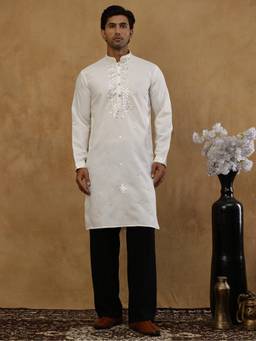 Jompers - White Silk Blend Embroidered Kurta with Korean Pant