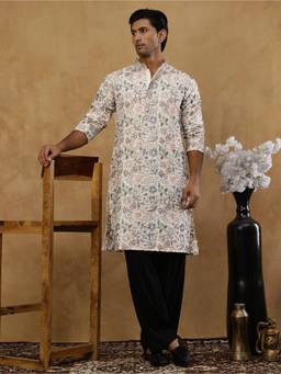 Jompers - Off White Silk Blend Floral Work Kurta with Korean Pant