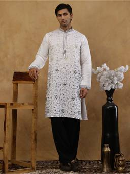 Jompers - White Silk Blend Sequined Kurta with Korean Pant