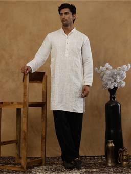 Jompers - White Silk Blend Embroidered Kurta with Korean Pant