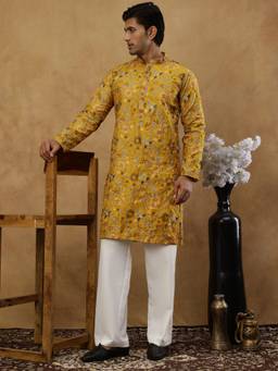 Jompers - Mustard Silk Blend Floral Work Kurta with Korean Pant