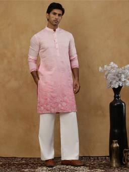 Jompers - Pink Silk Blend Floral Work Kurta with Korean Pant