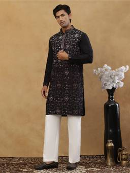 Jompers - Black Silk Blend Sequined Kurta with Korean Pant