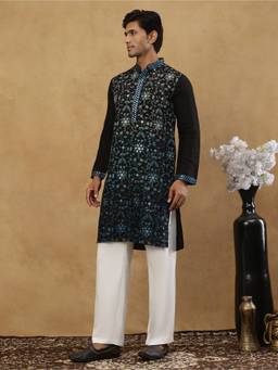 Jompers - Black Silk Blend Sequined Kurta with Korean Pant