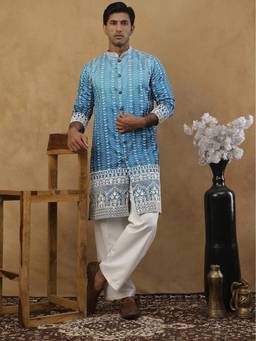 Jompers - Blue Silk Blend Embroidered Kurta with Korean Pant