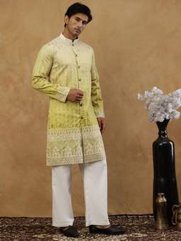 Jompers - Green Silk Blend Embroidered Kurta with Korean Pant