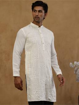 Jompers - White Silk Embroidered Kurta