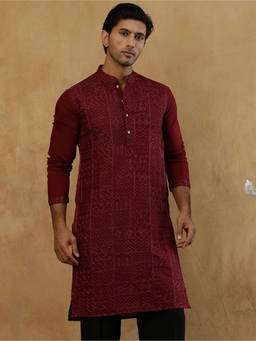 Jompers - Maroon Silk Embroidered Kurta