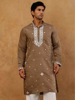 Jompers - Brown Silk Embroidered with Mirror Work Kurta