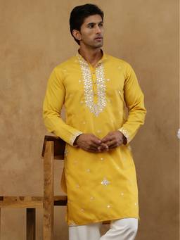Jompers - Mustard Silk Embroidered with Mirror Work Kurta