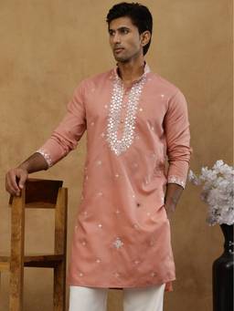 Jompers - Peach Silk Embroidered with Mirror Work Kurta